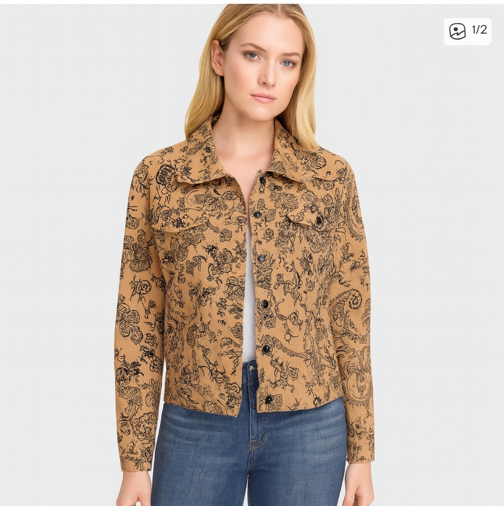Dennis Basso Tan Floral Jean Jacket